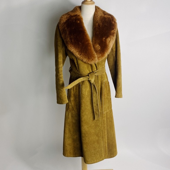 VINTAGE Genuine Suede Penny Lane Faux Fur Trim Belted Trench Coat Brown Small - Picture 2 of 12
